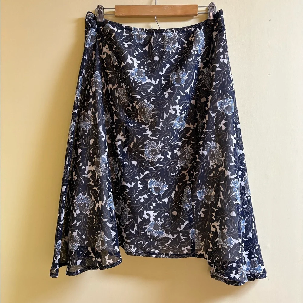Worthington Asymmetrical Skirt Black Tan Cream Brown Blue Print XL Pre~Loved